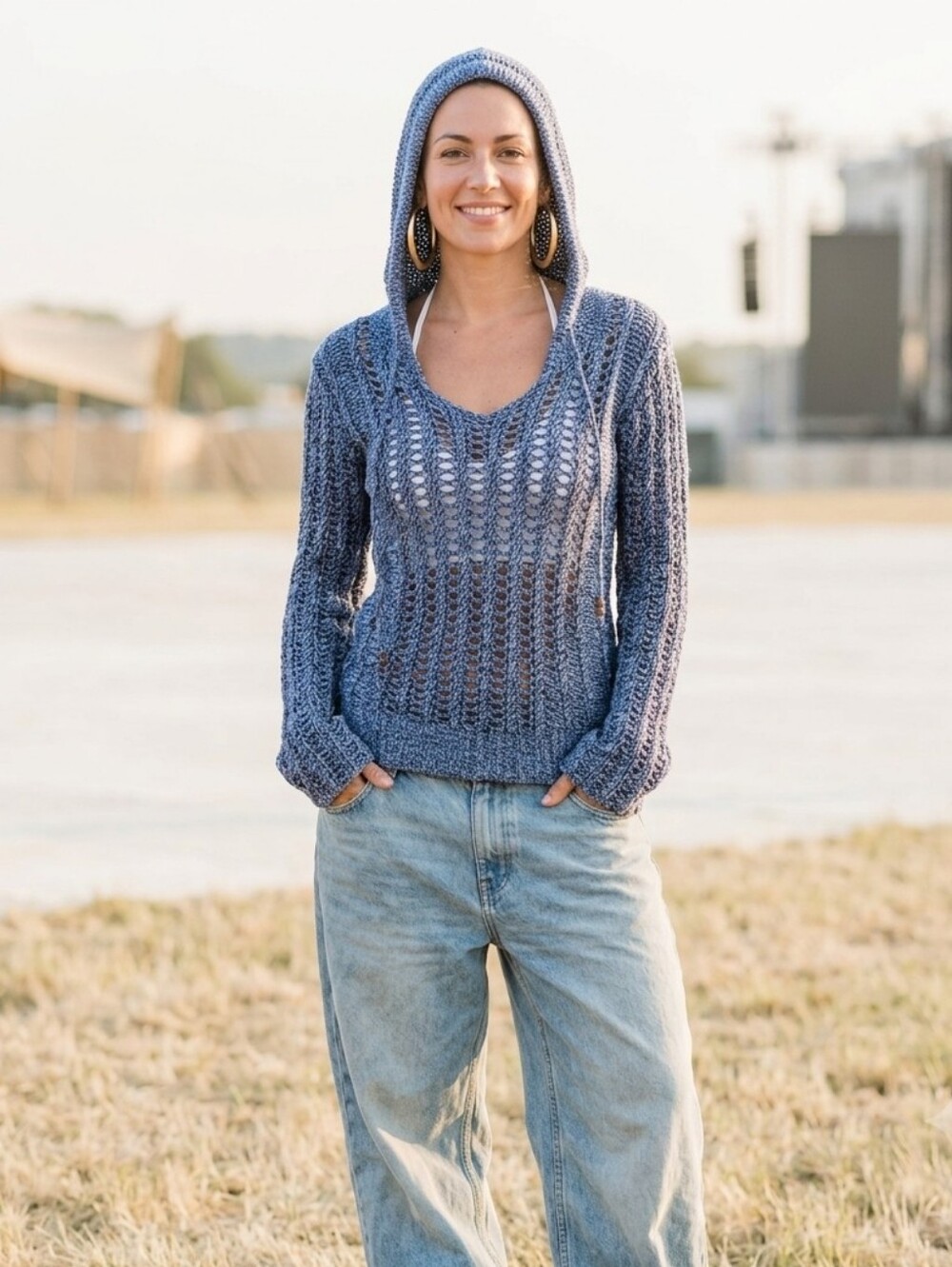 American🦅Eagle OutfittersCOTTON Heathered Blue💙HOODED Sweater SZ M